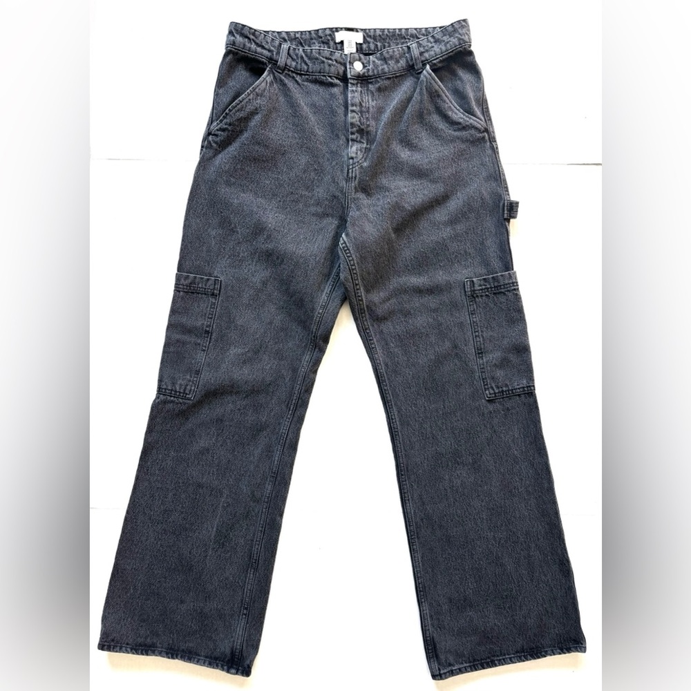 H&M Wide Leg Cargo Baggy Jeans Hammer Loop Washed Black Women’s Size 14 LIKE NEW